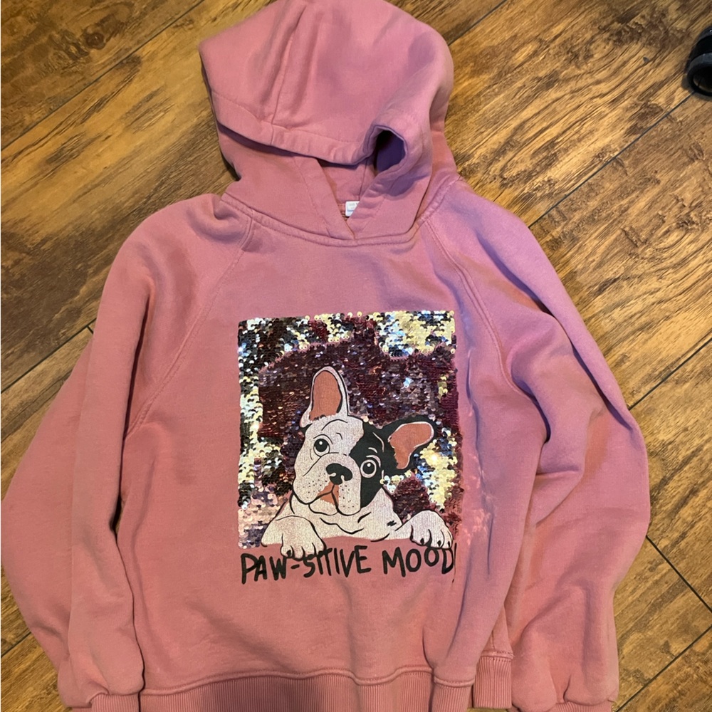 Girls Zara Hoodie, “Paw-sitive Mood” Flip sequin